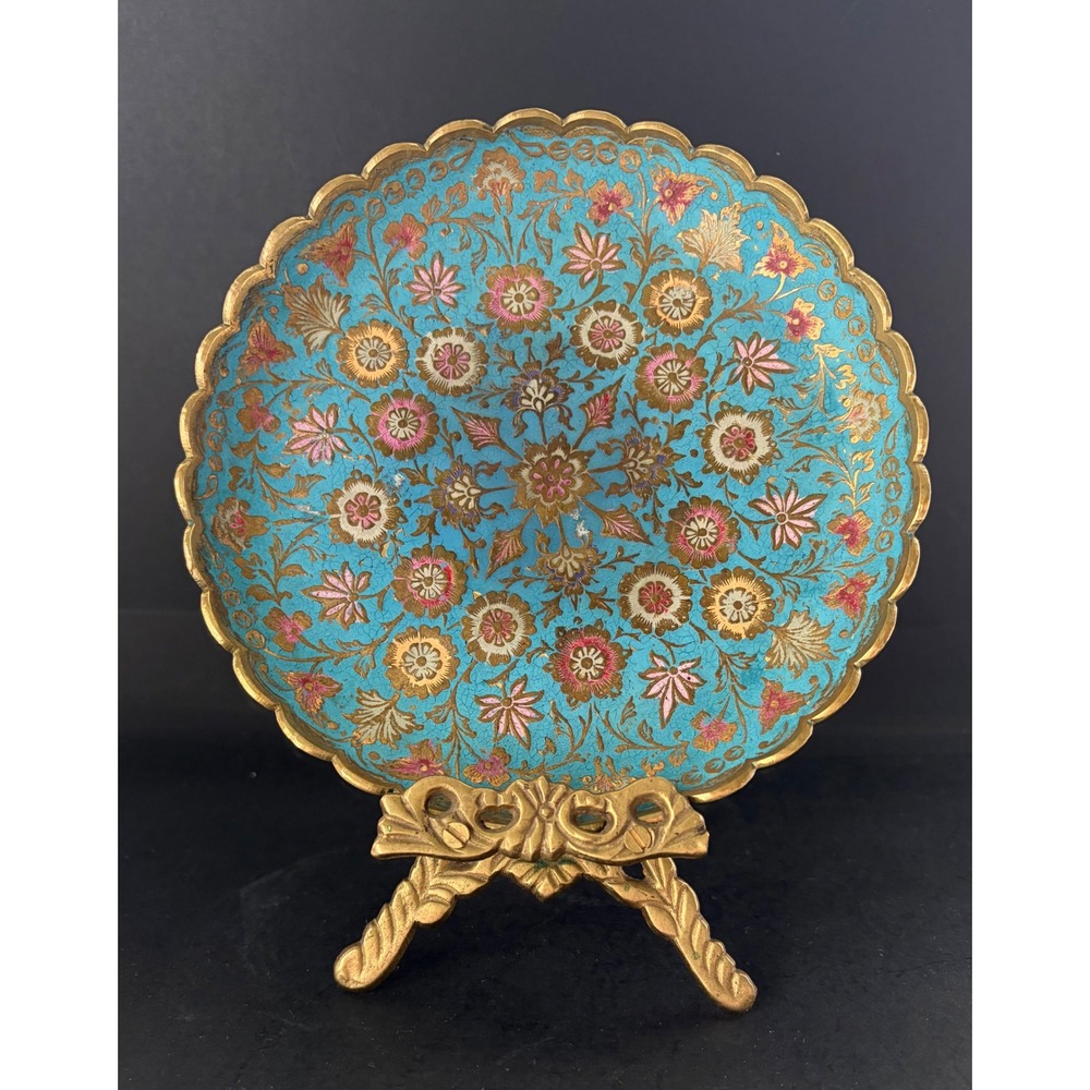 Vintage Brass Enamel Dish| Handpainted Floral  Scalloped Edge Trinket Tray